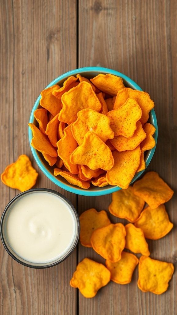 Homemade crispy snack chips seasoned with paprika and garlic powder in a bowl, with a dip on a wooden table.